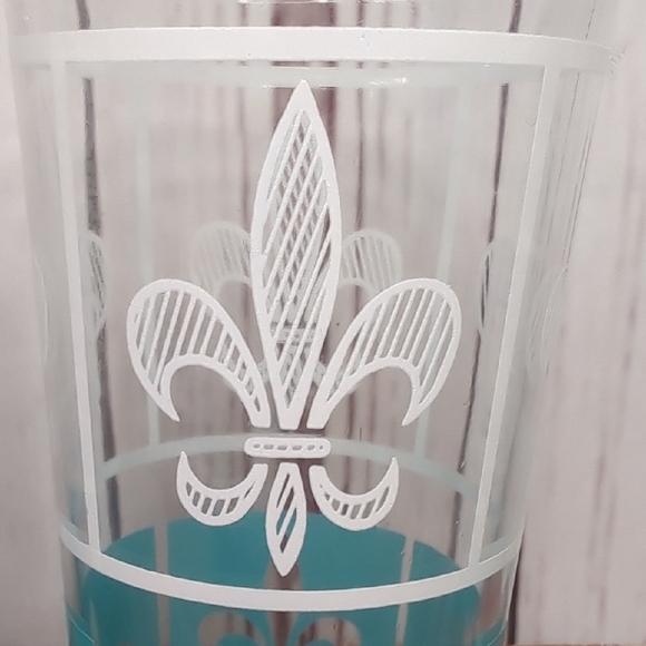 Hazel Atlas Set of 6 Glasses Tumbler White Turquoise 12oz. Highball Fleur-de-Lis - Picture 13 of 16